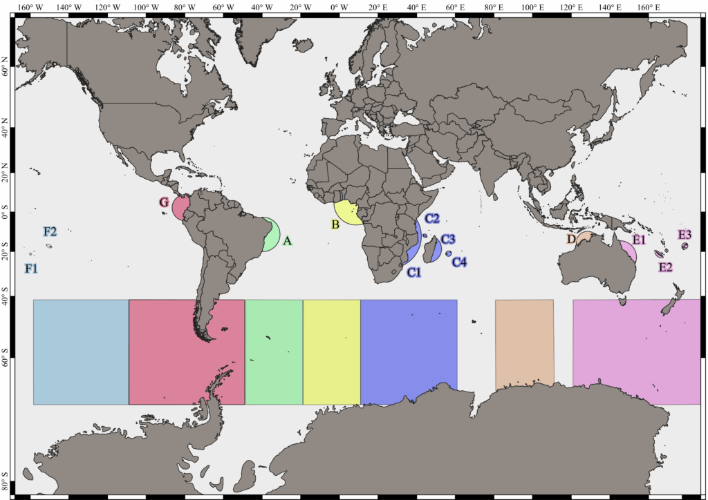 The sightings’ locations of the male humpback whale between the breeding grounds G and C.